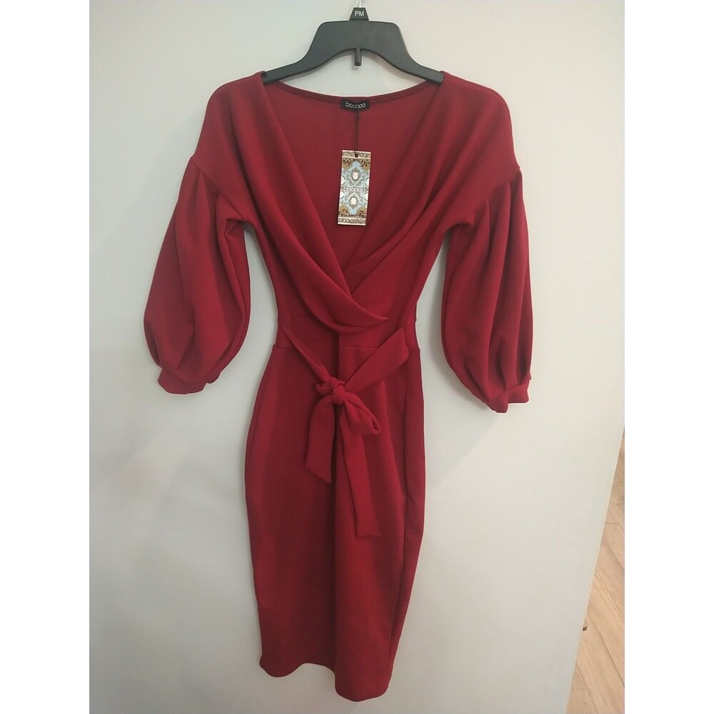 Boohoo Puff Sleeve V neck Dress sz 4 Burgundy Y2K Sexy Boho Classic